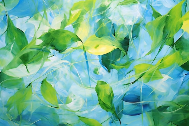 Abstrakcyjne tło akwarelowe Zielone liście na niebieskim tle akwarelowym