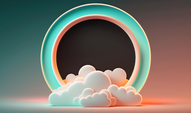 Abstrakcyjne tło geometryczne ze świecącą okrągłą ramą Neon i oświetlonymi chmurami Cumulus