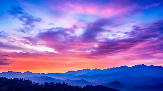 Abstrakcyjne tło kolorowego nieba o zmierzchu z odległym krajobrazem górskim Generatywna AI