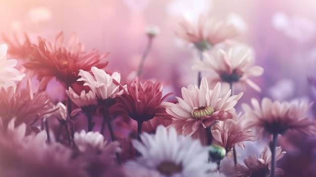 Abstrakcyjne tło kwiatowe fioletowych kwiatów w pastelowych kolorach z miękkim stylem na wiosnę lub lato Tło transparentu z generatywną ai miejsca na kopię