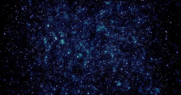 Abstrakcyjne tło niebieskich świecących błyszczących cyfrowych latających kropek cząstek, które wyglądają jak gwiazdy