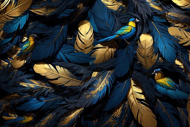 Zdjęcie abstrakcyjne tło niebieskie i złote bujne pióra ptaków na ciemnym tle