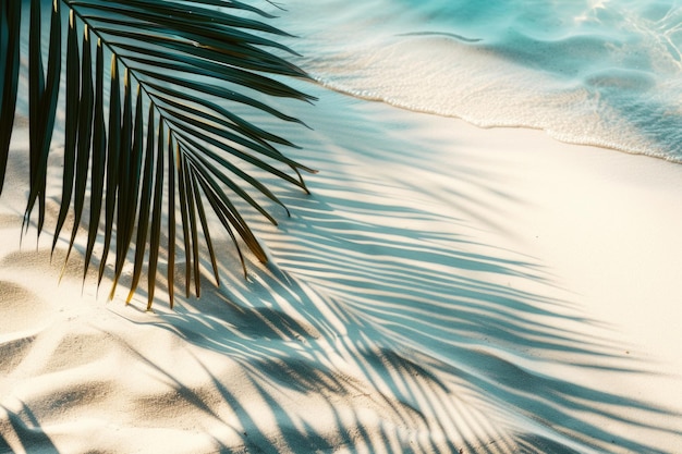 Abstrakcyjne tło plaży z cieniem liści palmowych i słoneczną wodą