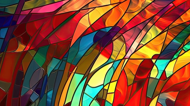 Abstrakcyjne tło witrażowe zawiera hipnotyzującą gamę kolorowych kawałków szkła ułożonych w sposób, który tworzy oszałamiający efekt wizualny Wygenerowane przez AI