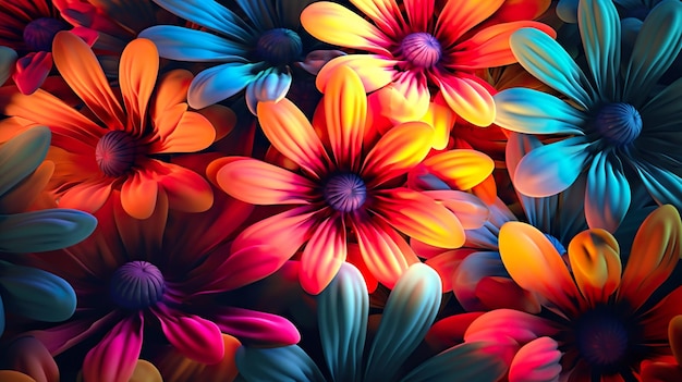 Abstrakcyjne tło z bukietem stokrotek w pomarańczowych i niebieskich neonowych kolorach Kolorowe kwitnące kwiaty z bliska kwiecista nowoczesna tapeta Pozioma ilustracja do projektowania banerów Generacyjna sztuczna inteligencja