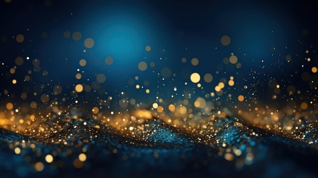 Abstrakcyjne tło z ciemno niebieskimi i złotymi cząstkami złotych świątecznych cząstek światła świecą bokeh na ciemno niebieskim tle złota folia koncepcja tekstury