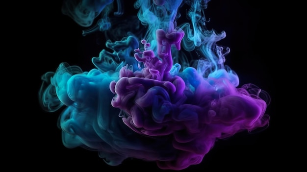 Abstrakcyjne tło z kolorowymi falami dymu w kolorach fioletowym i niebieskim Kropla farby akrylowej lub akwarelowej w efekcie wody na ciemnym tle Pozioma ilustracja do projektu banera Generacyjna sztuczna inteligencja