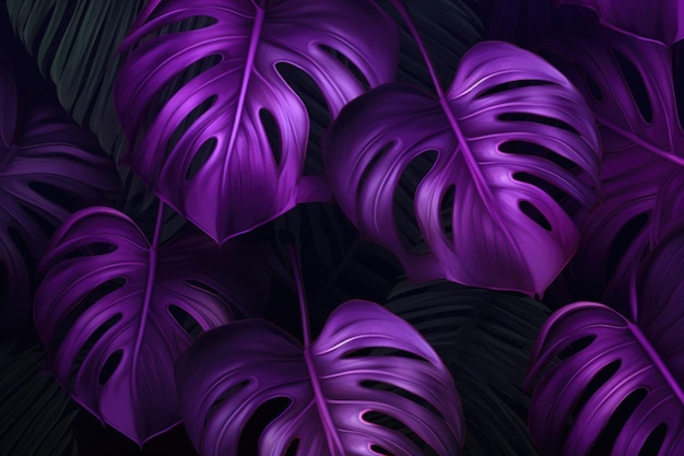 Abstrakcyjne tło z neonowymi liśćmi monstera Tropikalne rośliny egzotyczne z oświetleniem ultrafioletowym
