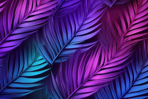 Abstrakcyjne tło z neonowymi liśćmi palm tropikalne egzotyczne rośliny z oświetleniem ultrafioletowym