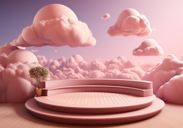 abstrakcyjne tło z różowym podium i chmurą minimalna letnia scena scena do wyświetlania produktów makieta Umieszczenie produktu kosmetycznego uroda cokół obecny AI Generative