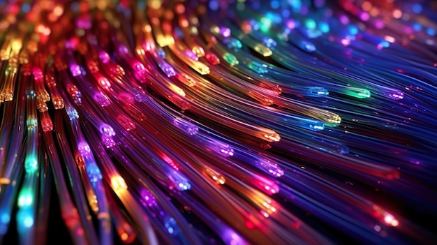 Abstrakcyjne tło z światłowodem kolorowa tekstura kabli ze światłami na końcach Linie komunikacji komputerowej technologia tapeta Pozioma ilustracja do projektowania banerów Generative AI