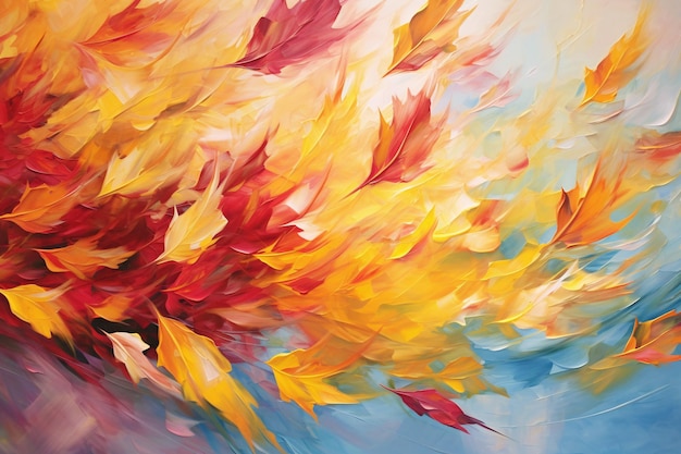 Abstrakcyjne tło żółtych i czerwonych jesiennych liści wiejących na wietrze w stylu malarstwa akrylowego