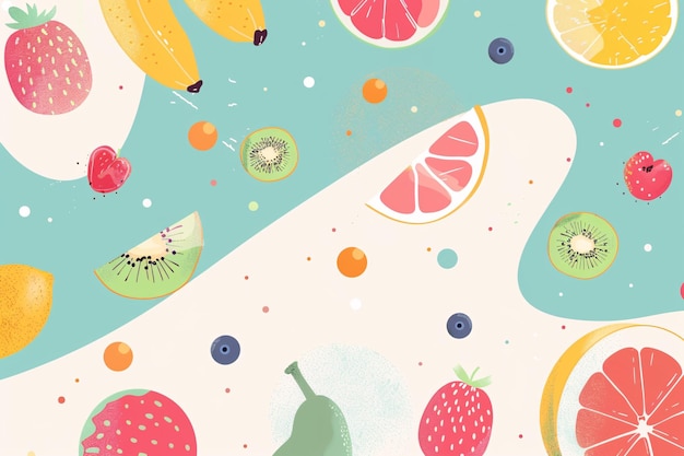 Abstrakcyjne tło żywności z składnikami takimi jak owoce, słodycze i jagody w pastelowych kolorach
