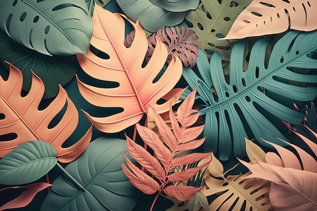 Abstrakcyjne tropikalne liście palmowe kolorowe tło Generative AI