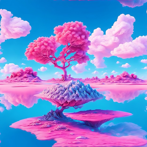 Abstrakcyjne unikalne tło Fantasy krajobraz różowej wyspy otoczonej spokojną wodą