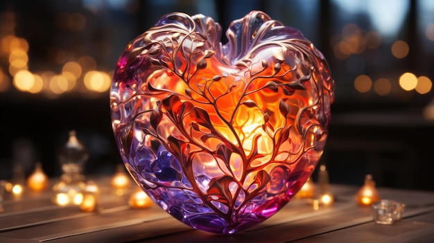 Abstrakcyjne wielokolorowe romantyczne szkło świecące serce miłości z magiczną energią Koncepcja Dnia Walentynek
