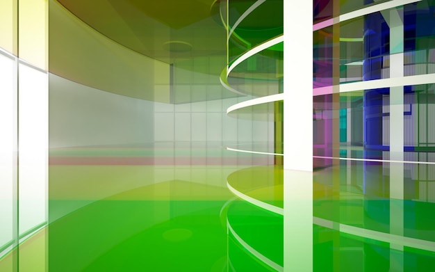 abstrakcyjne wnętrze architektoniczne z gradientową geometryczną szklaną rzeźbą z czarnymi liniami 3D