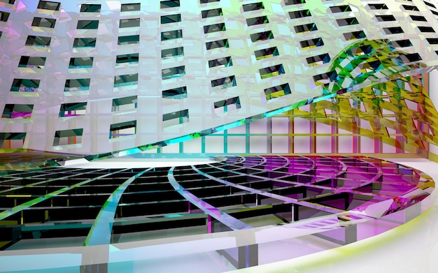 Zdjęcie abstrakcyjne wnętrze architektoniczne z kolorową gładką szklaną rzeźbą z czarnymi liniami 3d illustratio