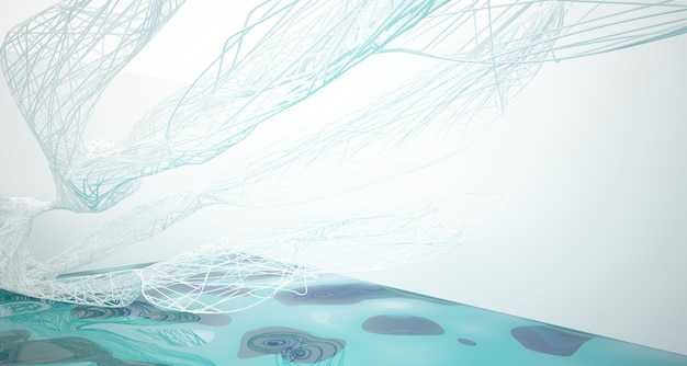 Abstrakcyjne wnętrze parametryczne białej i niebieskiej wody z ilustracją i renderowaniem okna 3D