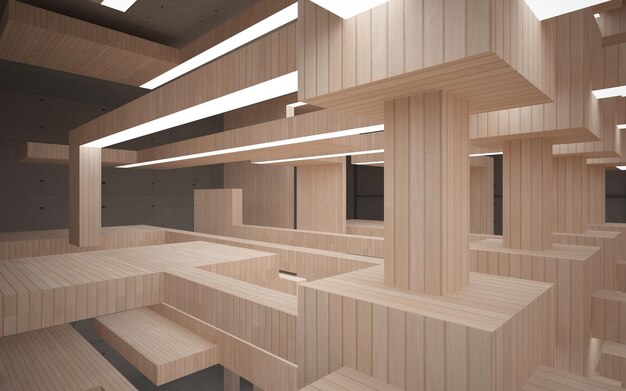 Abstrakcyjne wnętrze parametryczne z betonu i drewna z ilustracją i renderowaniem okna 3D