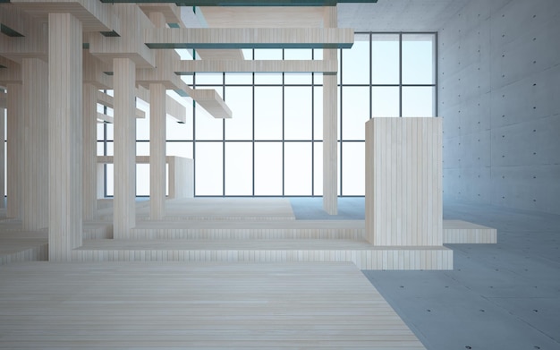 Abstrakcyjne wnętrze parametryczne z betonu i drewna z ilustracją i renderowaniem okna 3D