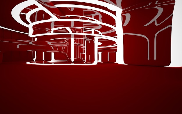 Abstrakcyjne wnętrze przyszłości w minimalistycznym stylu z czerwoną rzeźbą i wodą Nocny widok Łuk