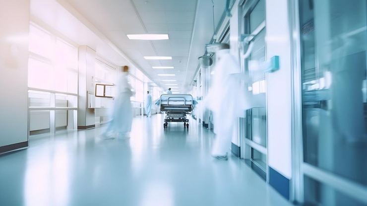 Zdjęcie abstrakcyjne wnętrze szpitala z łóżkiem medycznym