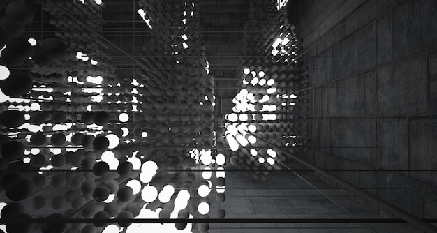 Abstrakcyjne wnętrze z betonu architektonicznego z tablicy kul z dużymi oknami 3D