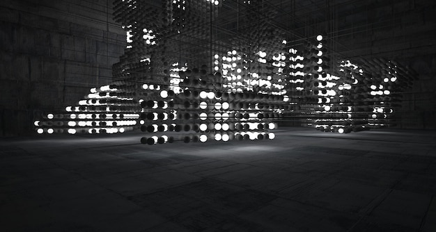 Abstrakcyjne wnętrze z betonu architektonicznego z tablicy kul z dużymi oknami 3D