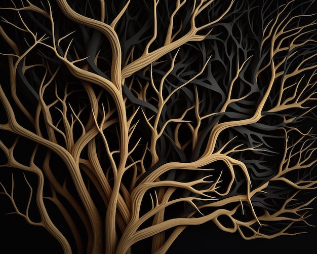 Abstrakcyjne zawiłe splecione gałęzie drewna stworzyły generatywną sztuczną inteligencję
