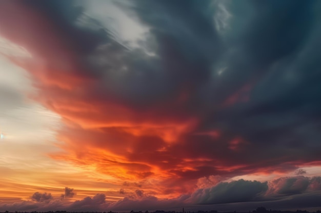Abstrakcyjne zdjęcie natury nieba i panoramy w stylu kolorowych turbulencji ciemnopomarańczowych i ciemnobłękitnych