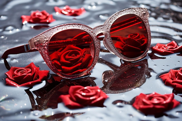 Abstrakcyjne zdjęcie róży odbijającej się w okularach przeciwsłonecznych