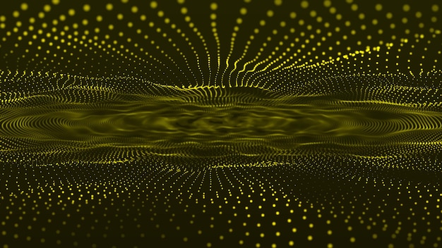 Abstrakcyjne żółte tło 3D linie falowe płynące cząsteczki gładka krzywa kształt kropki mieszana technologia siatki futurystyczna koncepcja Abstrakcyjny kod pułapki tworzą cyfrową falę cząstek i światła tła