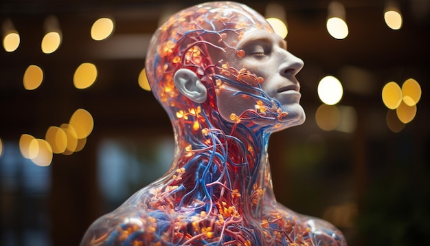 Abstrakcyjnie oświetlona anatomia ludzkiego mózgu reprezentuje wiedzę fachową w opiece zdrowotnej wygenerowaną przez sztuczną inteligencję