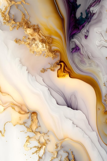 Abstrakcyjny atrament alkoholowy z fioletowym złotym akcentem marmurowej tekstury tła, generowany przez AI