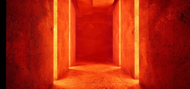Abstrakcyjny beton architektoniczny i wnętrze coquina minimalistycznego domu z pomarańczowym gradientowym neonowym oświetleniem renderowania 3D