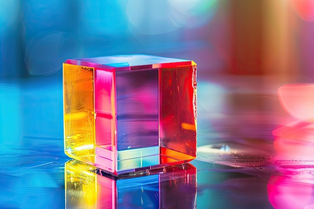 Abstrakcyjny blok kryształowy z kolorowym odbiciem gradientu na powierzchni lustra