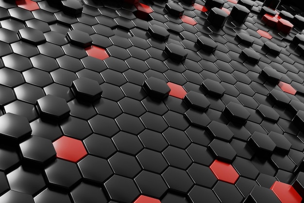 Abstrakcyjny czarny sześciokąt z czerwonym tłem renderowania 3d