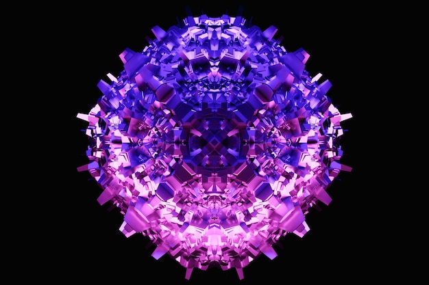 Abstrakcyjny dynamiczny fioletowy kształt z wieloma bokami twarzy na czarnym, odizolowanym tle Ilustracja 3D i renderowanie Eleganckie tło linii
