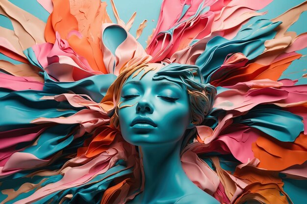 Abstrakcyjny ekspresjonizm styl kobiecej twarzy z kolorowymi rozpryskami wygenerowanymi przez sztuczną inteligencję
