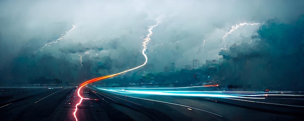 Abstrakcyjny futurystyczny krajobraz miasta z autostradą w burzy i burzy z piorunami i błyskawicami