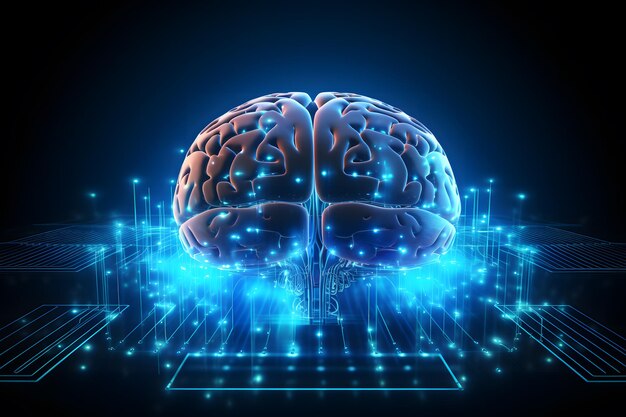 Zdjęcie abstrakcyjny futurystyczny ludzki mózg z płytką obwodową i linią mash do połączenia technologia tło sieci uczenie maszynowe nauki poznawcze koncepcja generatywna sztuczna inteligencja