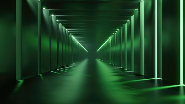 Abstrakcyjny futurystyczny tunel tła ciemny garaż z zielonym światłem LED wnętrze nowoczesnej sali lub magazynu Koncepcja studia przyszła technologia korytarz przemysłu