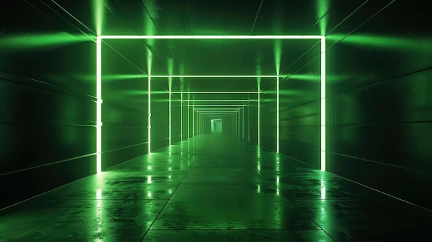Abstrakcyjny futurystyczny tunel tła ciemny garaż z zielonymi liniami neonowego światła wnętrze nowoczesnej sali lub magazynu Koncepcja technologii budowy studia przemysłu korytarza