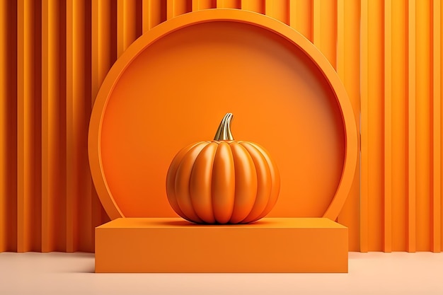 Abstrakcyjny geometryczny render 3D dyni z Halloween na podium do wystawienia