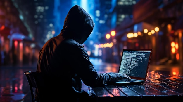 Abstrakcyjny haker z kapturem z ukrytą twarzą pracujący na laptopie Technologia cyberpunk Cinemati