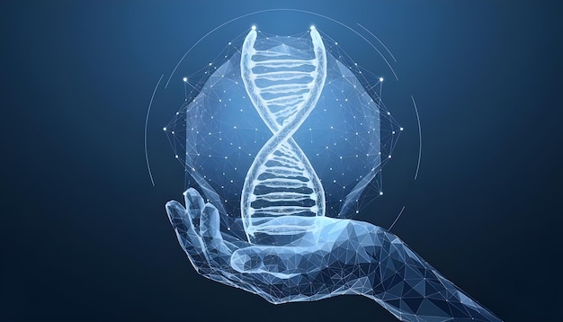 Abstrakcyjny hologram helisy DNA w ręce na niebieskim tle cyfrowa podwójna helisa trzymająca rękę