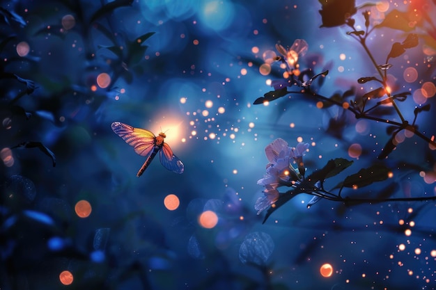 Abstrakcyjny i magiczny obraz Firefly latający w nocnym lesie Koncepcja bajki