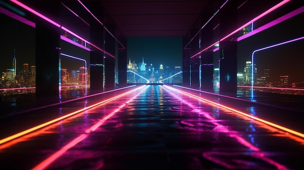 abstrakcyjny kolor neon light chodnik w ciemnym tunelu z miastem w tle generatywne ai