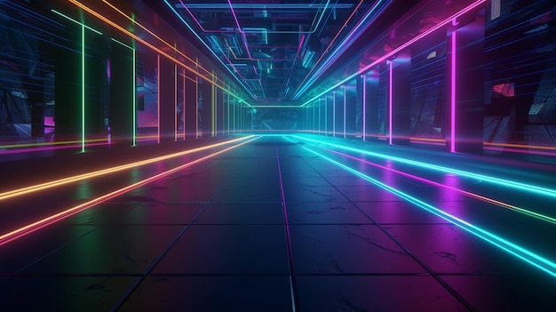 abstrakcyjny kolor neon light chodnik w ciemnym tunelu z miastem w tle generatywne ai